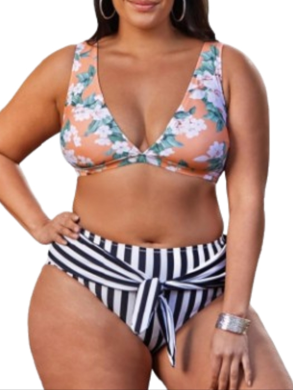Floral V Neck High Waisted Striped Bikini Set Sz 1X